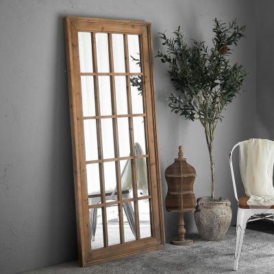 China Style Assembled Rustic Decoration Hanging Wooden Mirror Large Floor Frame Arch Window Wall Hanging Decorative Mirror for sale