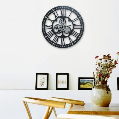 China Modern Design Art Decor Industrial Vintage Wood Board Wrought Iron Gear Radio Creative Mechanical Wall Clocks for sale