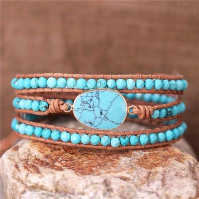 China New BOHO Turquoise 3 Rows Natural Stone Wrap Bracelet Multilayers Stone Beads Rope Bracelet Jewelry Dropshipping Unisex Wholesale for sale