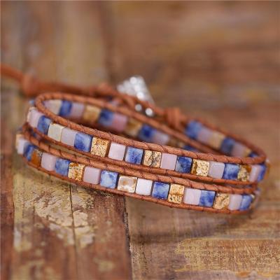 China BOHO Boho Leather Bracelets Mixed Stones Square Natural Strands 2 Wrap Bracelets Leather Vintage Weaving Boho Bracelet Dropshipping for sale