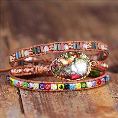 China BOHO YueTong Boho Wrap Leather Bracelet Natural Stone Beaded Ethnic Triple Wrap Bracelet Jewelry Christmas Gift Wholesale for sale