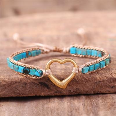 China BOHO Gold Heart Shape Natural Stone Imperial Sister Gifts Wholesale Jasper Wrap Bracelet Lover Best Friend Statement Vegan Bracelet for sale