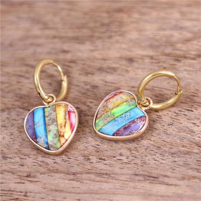 China Trendy Multicolor Circle Stone Earrings Rainbow Heart Rainbow Boho Huggie Earrings Women Colorful Jewelry Dropshipping 7 Chakra Huggie Earrings Women Gift for sale