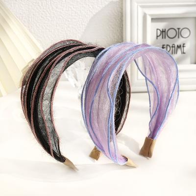 China Summer 2021 summer new arrival fabric headband wave vintage mesh yarnhairband solid color best-selling wide headband for sale