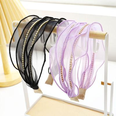 China New Arrival Summer Korean Vintage Wave Wide Headband Solid Color Rhinestone Rhinestone Organza Hair Accessories for sale