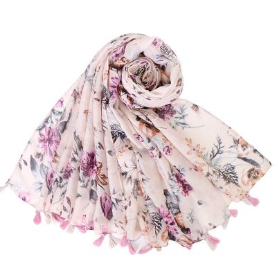 China Long New Style Wholesale Soft Cotton And Canvas Floral Scarf With Tassels Women's Scarves for sale