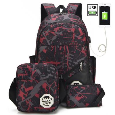 China With USB 3 in 1 Kids Bag Set 3pcs Boys Backpack High School Bag Teenager Schoolbag Set for sale