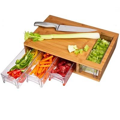 China Sustainable Bamboo Kitchen Cutting Break Carving Board With Containers And Food Dropping Board for sale