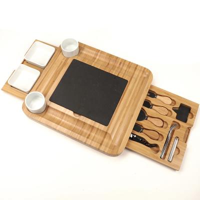 China Sustainable Bamboo Wooden Cheese Tools Knife Set And Removable Slate Charcuterie Serving Tray Platter Cheese Board for sale