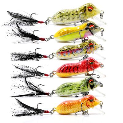 China 6.5g Hooks 6.5g Snap Action Body Vivid Swimming Hard Bait 5cm 2 Treble Samples Available Fishing Frog Lure With Feather Tail for sale