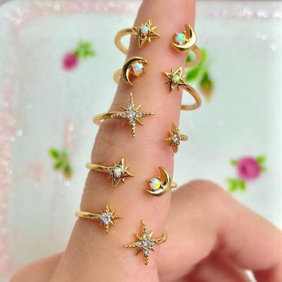 China FASHIONABLE 925 Sterling Silver Fire Opal Jewelry Women White Tasty Delicate Star Moon Open Filed Ring for sale