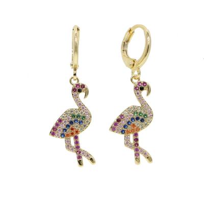 China Promotion TRENDY Flamingo Dangle Drop Earring Gold Plated Cute Rainbow CZ Bird Charm Lover Gift Jewelry for sale