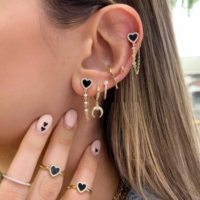 China Black Enamel Zirconia Heart Charm Women Jewelry Newest Design Gold Fashion Long Link Chain Trendy Stud Earrings for sale