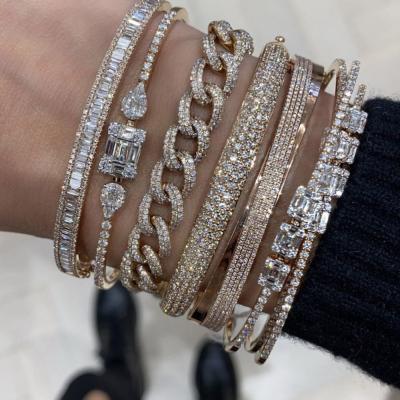 China Luxury Trendy Iced Out CZ Diamond Rectangle Bangle Cuban Chain Bangles Jewelry For Lady for sale