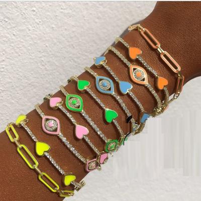 China FASHIONABLE 3 Pcs Micro Pave Colorful Cute CZ Evil Eye Charm Link Chain Bracelet Beautiful Girls for sale