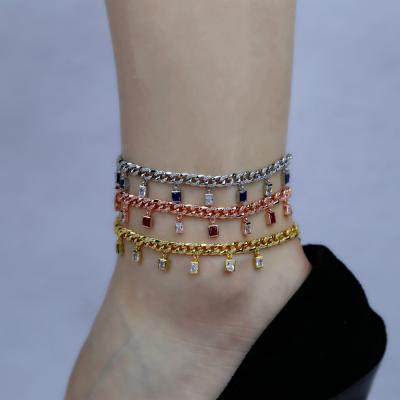 China Hiphop Anklet Luxury Silver Rosegold Cuban Chain Gold Plated Iced Out Bling Square CZ Foot Anklet Chain Jewelry For Women for sale