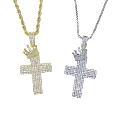 China TRENDY Mens Boy Hip Hop Cross Crown Pendant Necklace Gold Plated Silver Color Rope Chain Iced Out Clear Bling CZ Fashion Jewelry for sale