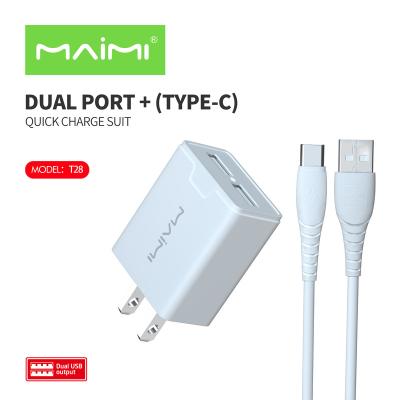 China Maimi T29 USA Plug Travel Kit Mobile Phone/MP3/MP4 Dual Ports 2.4A Fast Charger With 1m Data Type C USB Cable for sale