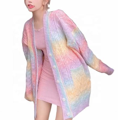 China Anti-wrinkle rainbow knitted cardigan women autumn winter cable knit sweater coat korean rainbow knit cardigan for sale