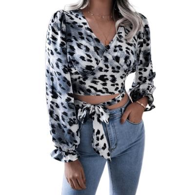 China Anti-pilling Amazon Spring Women Bandage Crop Top Tie Dye Leopard Puff Long Sleeve V Neck Sexy Chiffon Tops Blouse for sale