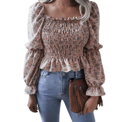 China 2021 Style Women's Square Neck Chiffon Shirts Ruffle Amazon CIA Anti-pilling Flare Long Sleeve Blouse for sale