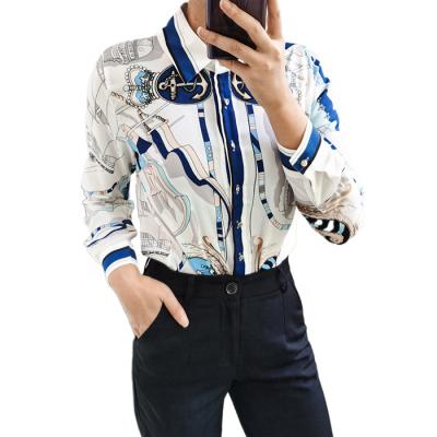 China 2021 New Fashion Anti-pilling Women's Blouse Long Sleeve Stand Collar Printing Commuter Chiffon Shirt for sale