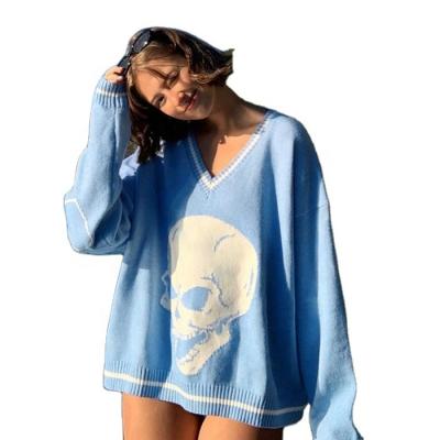 China Amazon Women's Anti-pilling Skull Printing Sweater V-Neck Pullover Casual Loose Pullovers Knit Sweater Tops for sale