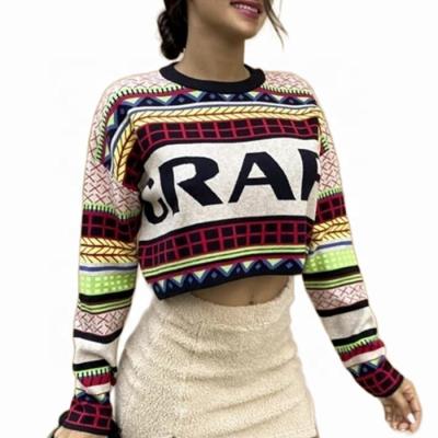 China Anti-wrinkle 2021 Spring Women's Pullover Multicolor Letter Jacquard Sweater Knitwear Knitwear Crop Tops for sale