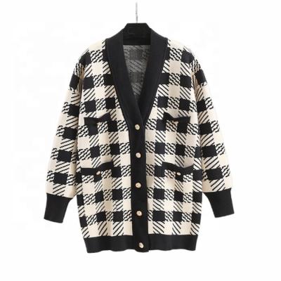 China Anti-pilling latest new Amazon style fall/winter long sleeve lazy plaid sweater knitted cardigan for women for sale