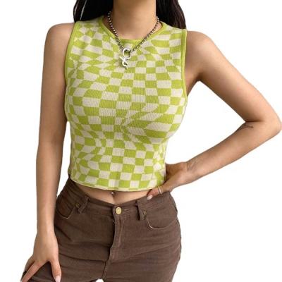 China Anti-wrinkle Women Streetwear Sleeveless Knitwear 2021 Summer Vintage Plaid Crop Sweater Gothic Vest Tops for sale