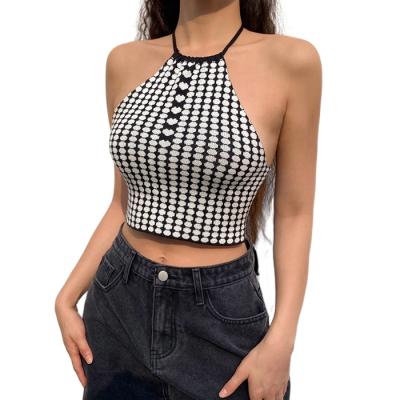 China Anti-wrinkle 2021 Summer Women Fashion Tank Top Halter Neck Sexy Plaid Knitted Short Vest for sale