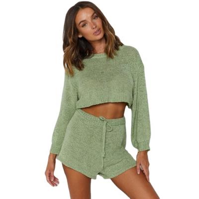 China Anti-Wrinkle Fashion New Design Women Solid Long Sleeve Casual Knitted Sweater And Short Two Piece Set for sale