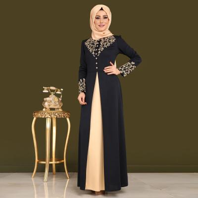 China Latest Islamic Tan Quilting Luxury Muslim Woman\fasion Women Fashion Yellow Gold Kaftan Round Neck Long Vintage Maxi Dress Evening for sale