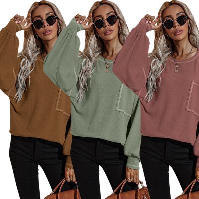 China Breathable Fashion Fall And Winter Round Neck Pocket T-Shirts Long Stretching S-XL Batwing Loose Sleeve Pullover Kintting Sweater For Women for sale