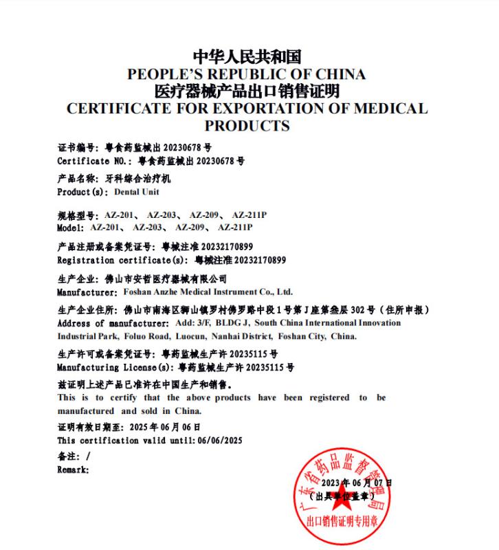 Certificate for exportation of medical products - Foshan Anzhe Medical Instrument Co., Ltd.