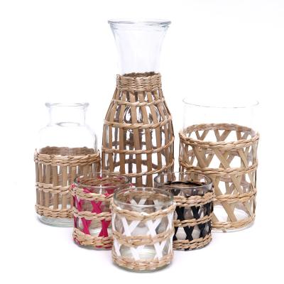 China Viable Set of 6 Colorful Straw Wicker Reed-Wrapped Glasses Holders Cup Sleeves for sale