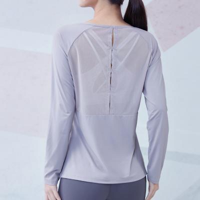 China Sexy Women's Breathable Backless Yoga Fitness Sports Sheer T-Shirt Plus Ladies Gym Tops Mesh Long Sleeve Shirts Customize Size for sale