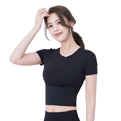 China Breathable Simple Quick Dry Workout Shirts Nylon Sports Short Sleeves Womens Gym Yoga Crop Top for sale