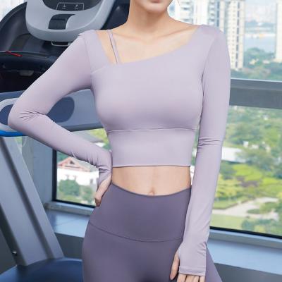 China Breathable Women Sleeve Yoga Bare Feeling Tops Along With Padded Breathable Fitness Crop Tops Custom Gym Sports Shirt Active Wear LY-CRA for sale