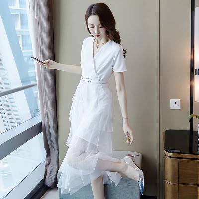 China 2021 Summer New French Dress Niche Breathable Solid Color White Cake Female Net Gauze Skirt V-neck Ladies Mid Length Skirt Gauze Skirt for sale