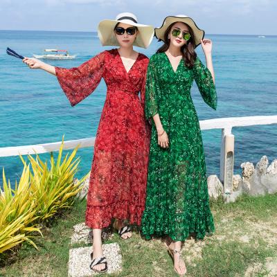 China Long Sleeve Floral Print Chiffon Dress Summer Island Beach Female Vacation Breathable Long Slim Slim Diet Skirt for sale