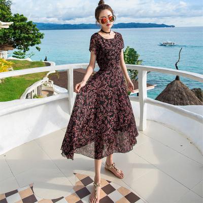 China Summer Female Loose And Thin Printed Bohemian Skirt High Neck Breathable One-Piece Dress Beach Swing Round Skirt Vacation Seaside for sale