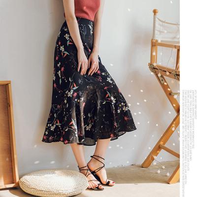 China Chic Fishtail Beach Floral Ruffled Skirt 2021 Summer New Chiffon Waist Mid Length Breathable High Waist Long Skirt for sale