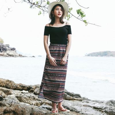 China Skirt Breathable Summer Beach Style Ethnic Side Split Bust Striped Mid Length Skirt Thai Style Print Skirt for sale