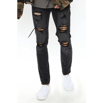 China Fashionable QUICK DRY Button Closure Mid Waisted Long Straight Legs Washed Custom Ripped Skinny Jeans Men for sale