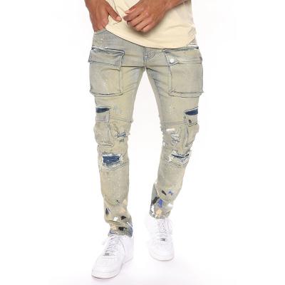 China Latest Style QUICK DRY Mid Waisted Cargo Pockets Washed Long Ripped Jeans Custom Straight Casual Skinny Men for sale