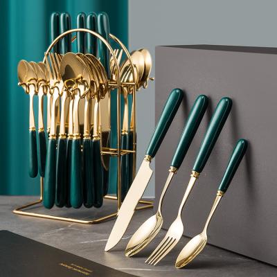 China Amazon Sustainable Fork Knife And Spoon Gold Flatware 410 Stainless Steel Cutlery 24pcs Set With Rack Box for sale