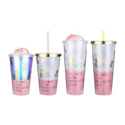 China Sustainable Hot Colorful Double Wall Plastic Cups Gold Pineapple Reusable Tumblers With Straw for sale