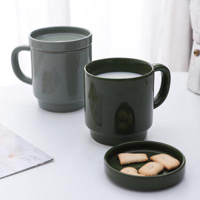 China Customized Viable Nordic Style 280ML Logo Dark Green Ceramic Mug With Multifunctional Cover for sale