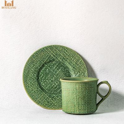 China Vintage 250ml Sustainable Ceramic Mug Small Stoneware Coffee Cups And Saucers Set for sale